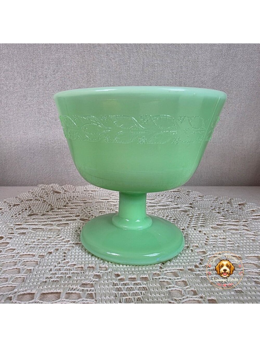 Vintage McKee Laurel Jadeite Sherbet Dish 3 3/4" Tall Embossed Leaf Pattern Glow